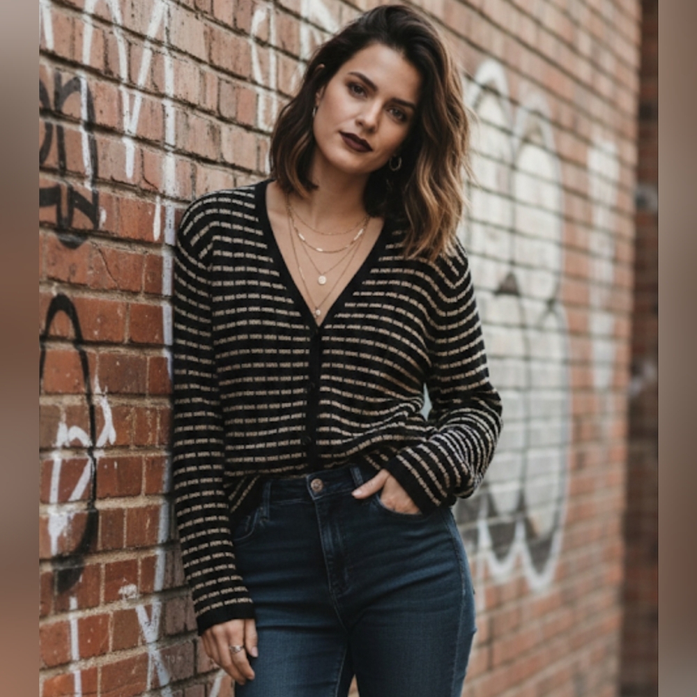 Easyspirit black/beige striped long sleeve knit cardigan,button closure,XL